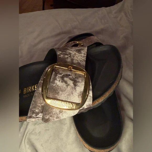 Birkenstock New w/o Box Madrid Big Buckle Rivet Logo Taupe Grey Velvet Exquisite - Picture 10 of 10
